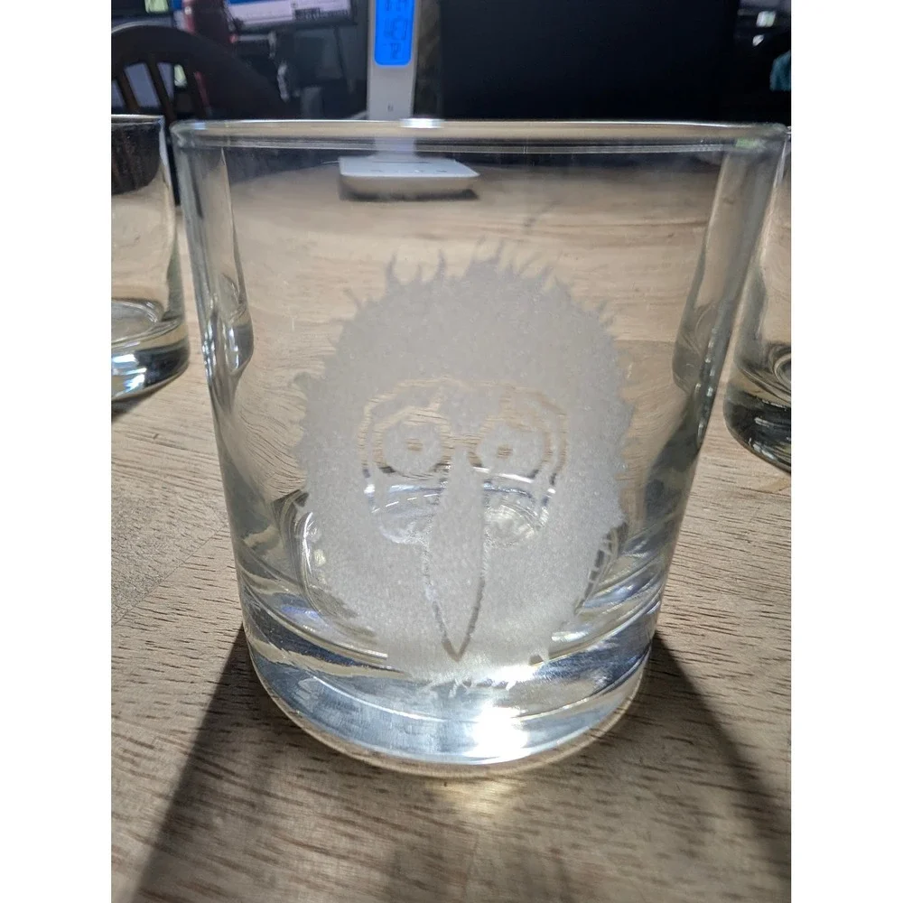 Etched Character Face Whiskey Glass Clear Lowball Tumbler Frosted Design Barware